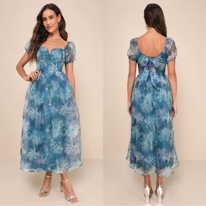 NWOT Lulus Lovely Statement Teal Blue Floral Organza Tie-Back Midi Dress.